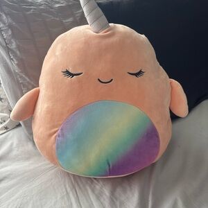 Squishmallows 13 inch Peach Evie Narwhal Rainbow belly plush
